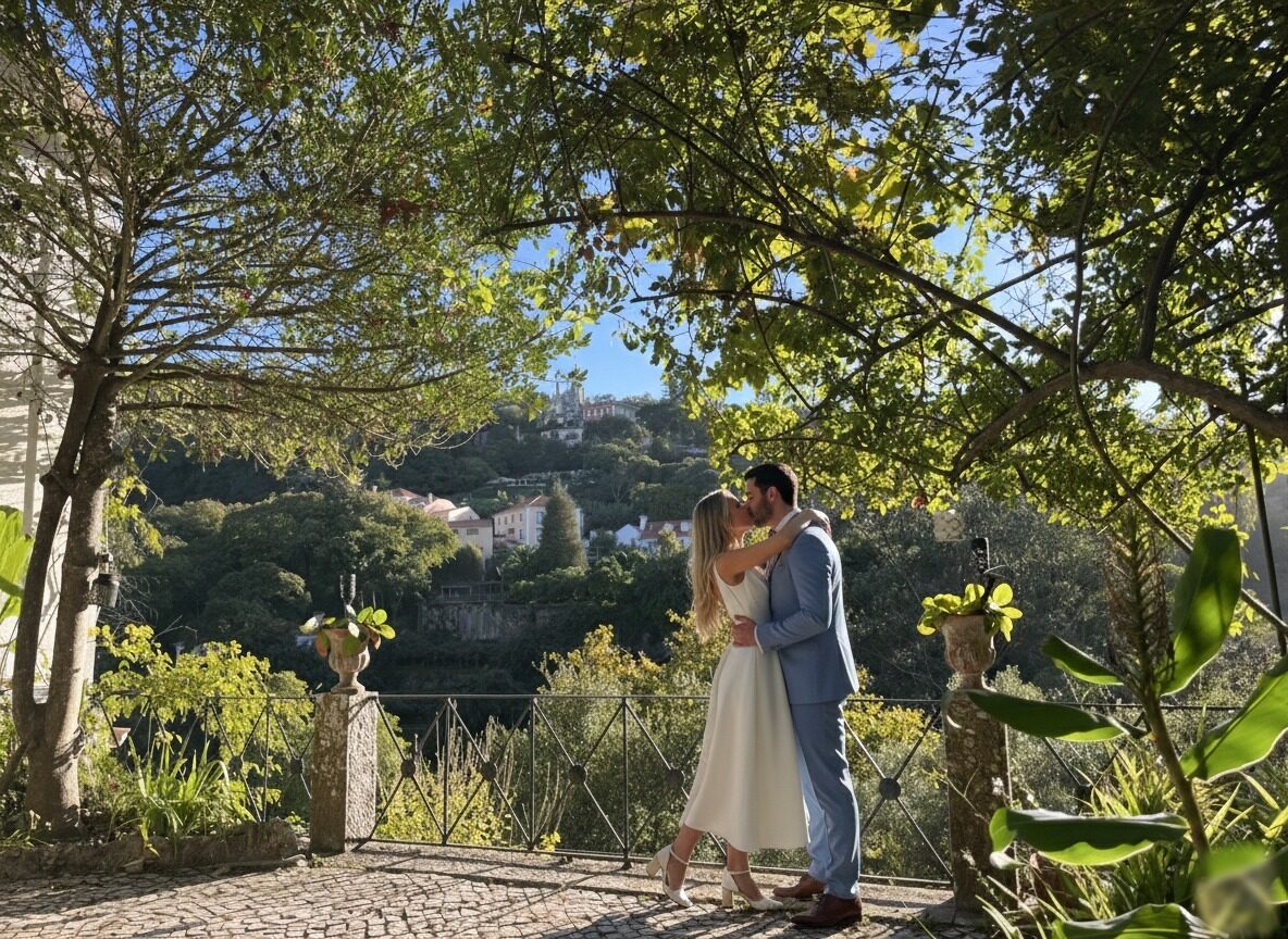 A couple kissing on the cobbled terrace beneath the trees, with Quinta da Regaleira rising from the wooded hillside behind them.